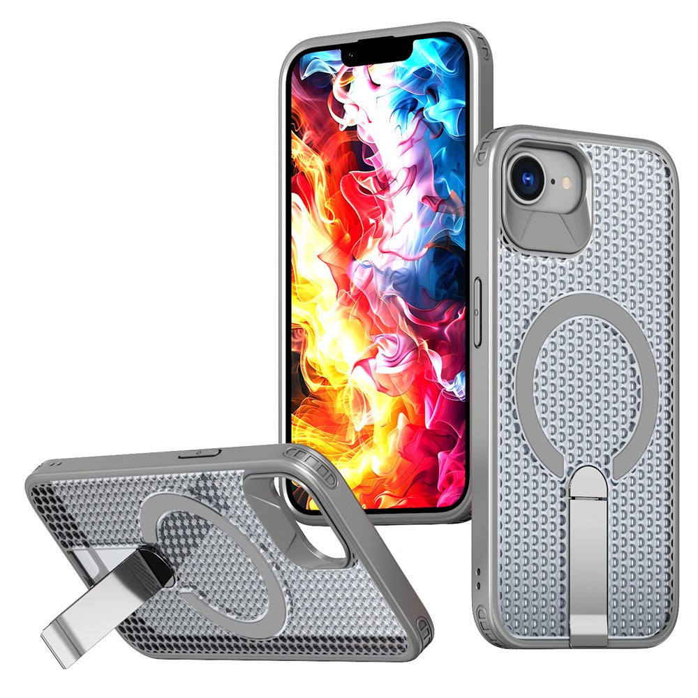 For iPhone 17th / 16th Magnetic Case Kickstand Grid Texture TPU PC Phone Back Cover