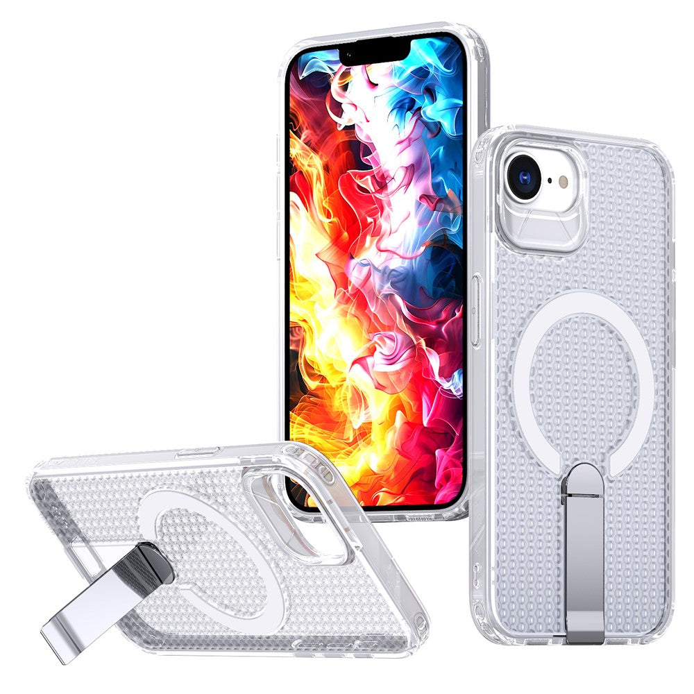 For iPhone 17th / 16th Magnetic Case Kickstand Grid Texture TPU PC Phone Back Cover