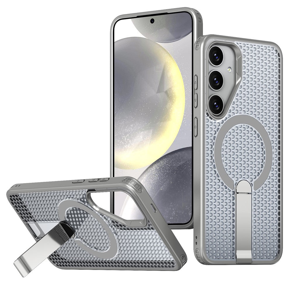 Magnetiskt skal för Samsung Galaxy S25 FE med stativ, rutmönster, TPU PC-baksida