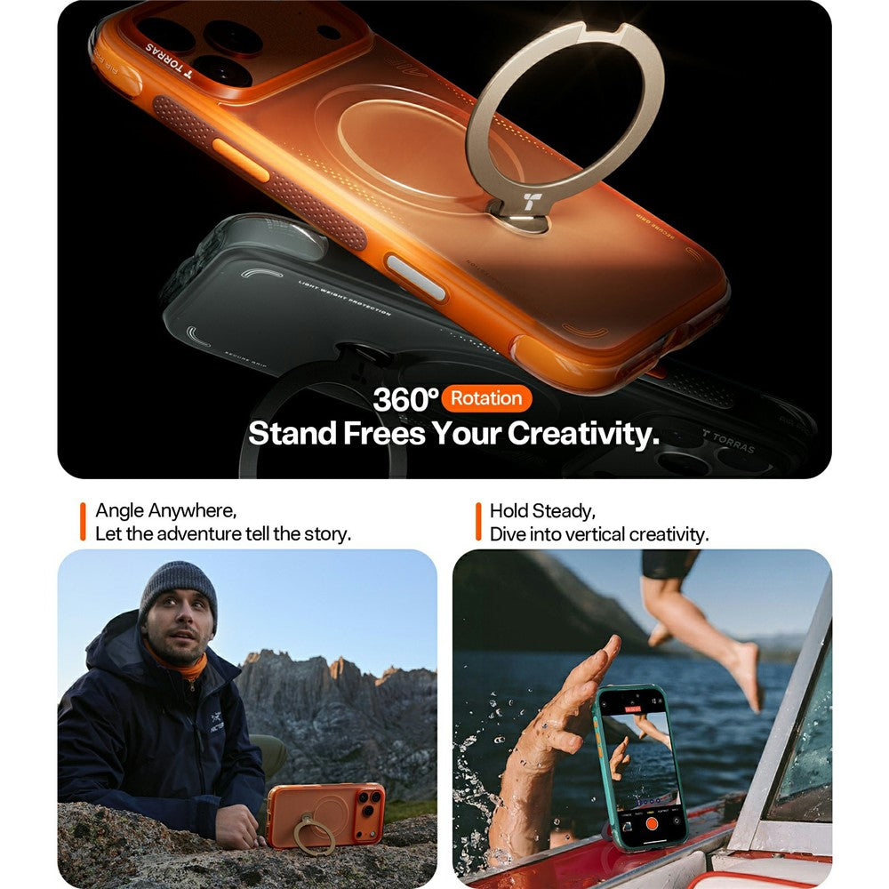 TORRAS Ostand Q3 Air Series til iPhone 17 Pro cover, kompatibel med MagSafe Stødabsorberende PC + TPU telefoncover med støttefod