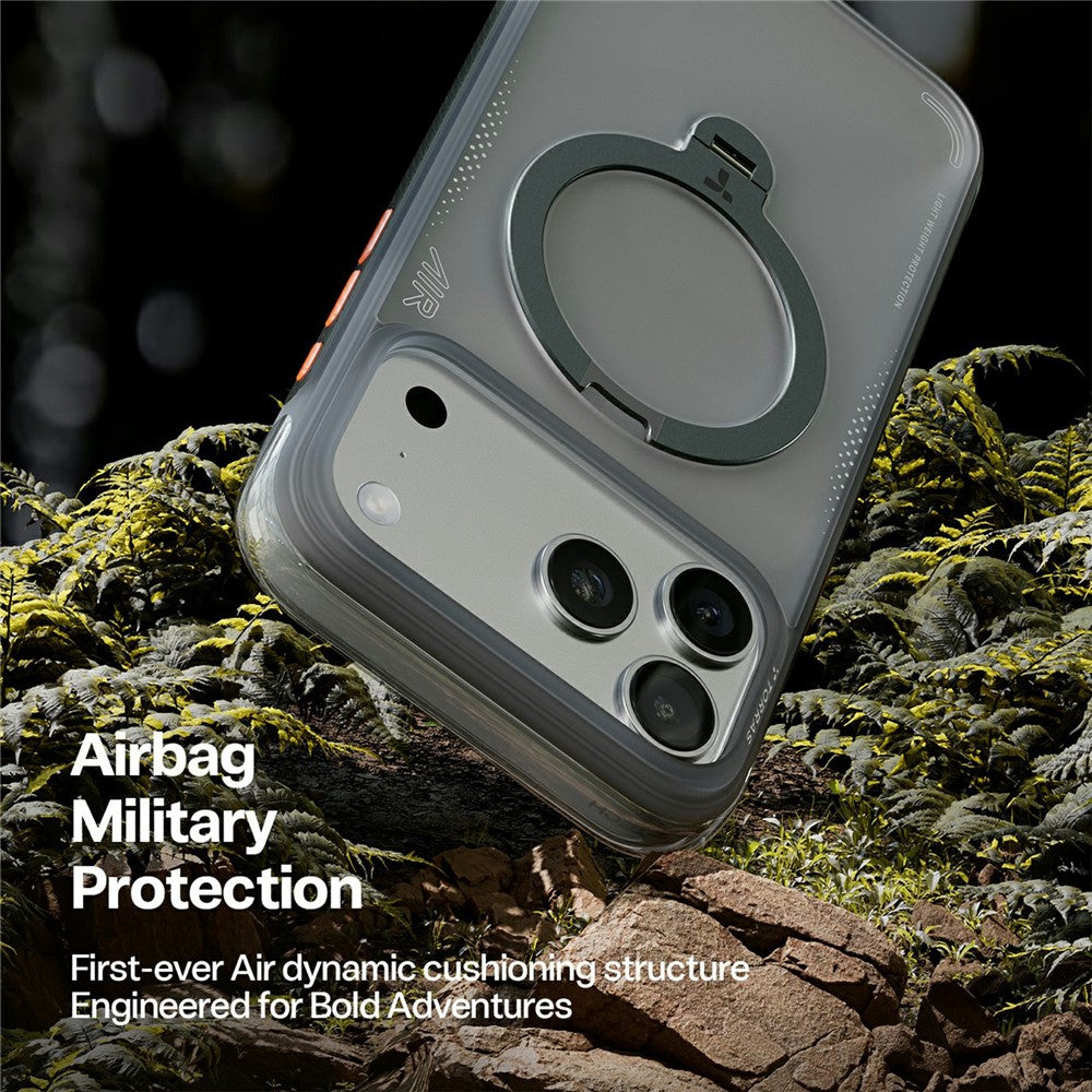 TORRAS Ostand Q3 Air Series til iPhone 17 Pro cover, kompatibel med MagSafe Stødabsorberende PC + TPU telefoncover med støttefod
