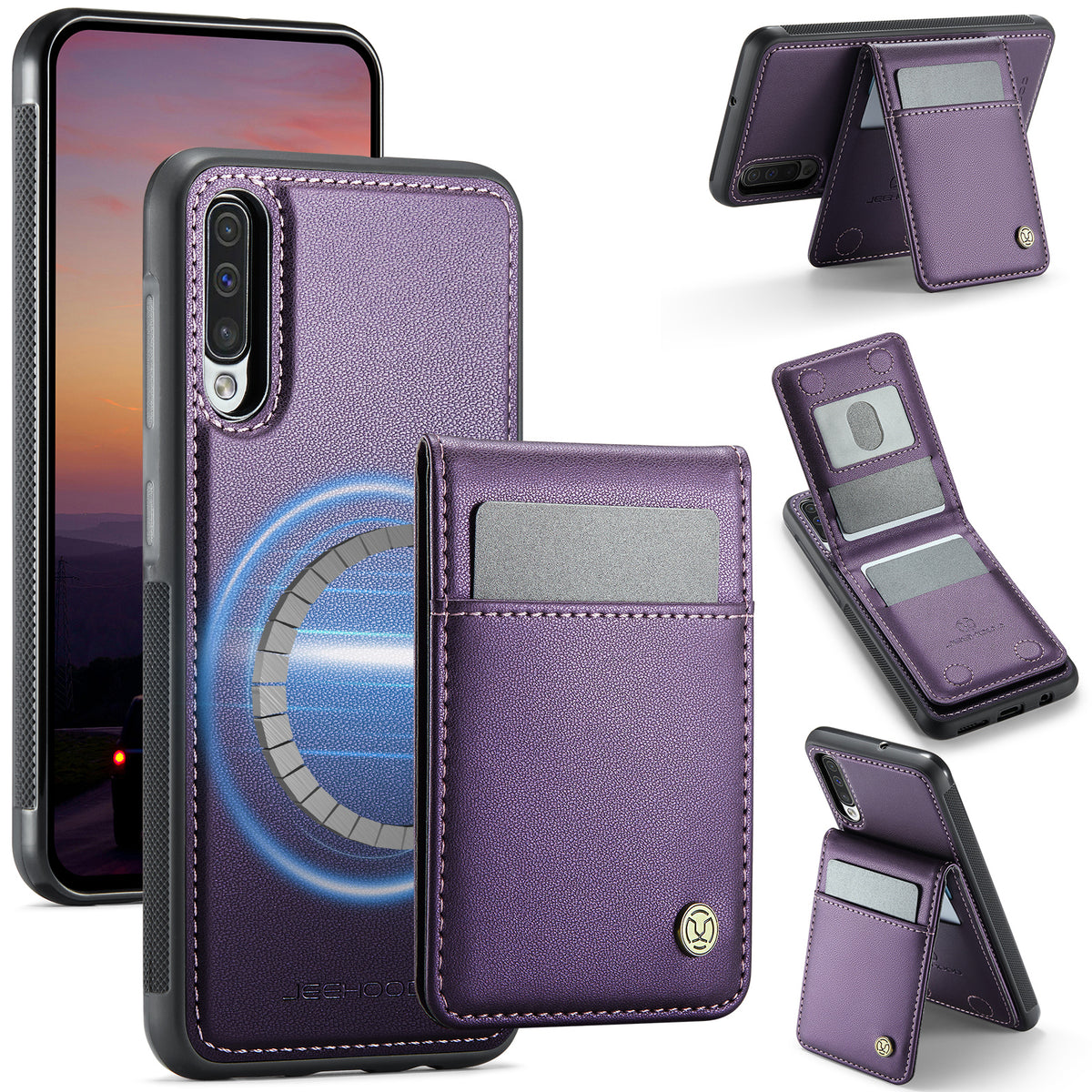 JEEHOOD For Samsung Galaxy A50 Leather Back Cover Magnetic Case  J06 Phone Case with Card Bag RFID Blocking
