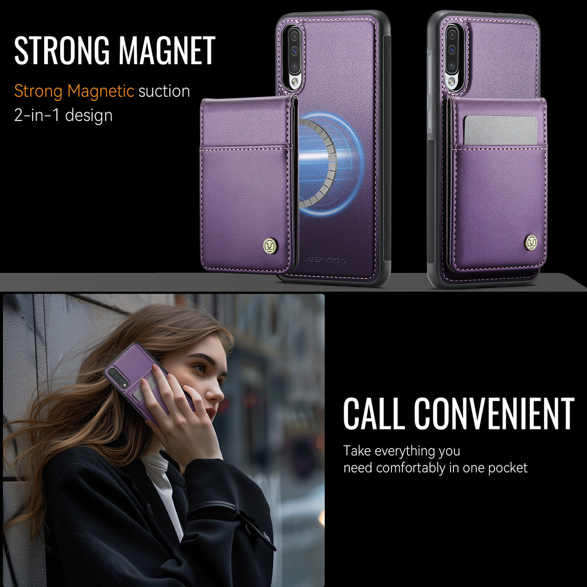 JEEHOOD For Samsung Galaxy A50 Leather Back Cover Magnetic Case  J06 Phone Case with Card Bag RFID Blocking
