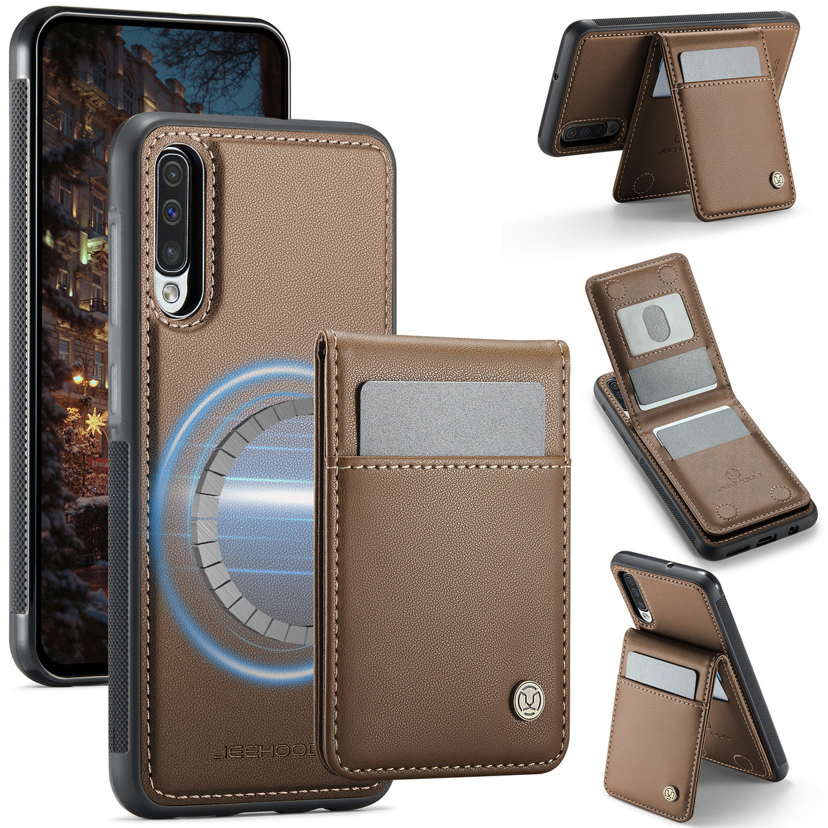JEEHOOD For Samsung Galaxy A50 Leather Back Cover Magnetic Case  J06 Phone Case with Card Bag RFID Blocking