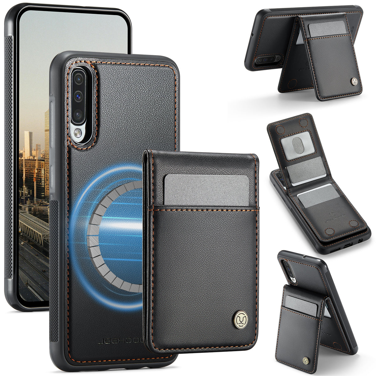 JEEHOOD For Samsung Galaxy A50 Leather Back Cover Magnetic Case  J06 Phone Case with Card Bag RFID Blocking