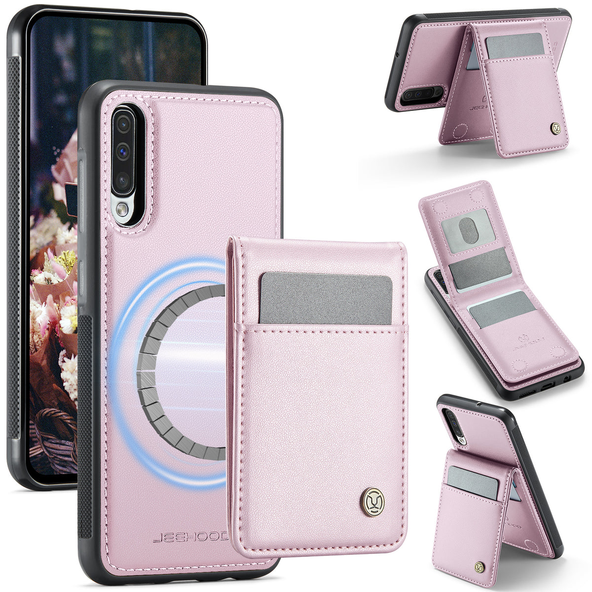 JEEHOOD For Samsung Galaxy A50 Leather Back Cover Magnetic Case  J06 Phone Case with Card Bag RFID Blocking
