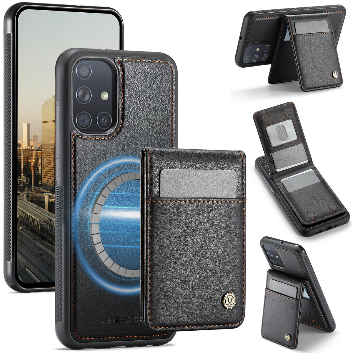JEEHOOD For Samsung Galaxy A51 4G SM-A515 Leather Back Cover Magnetic Case J06 Phone Case with Card Bag RFID Blocking
