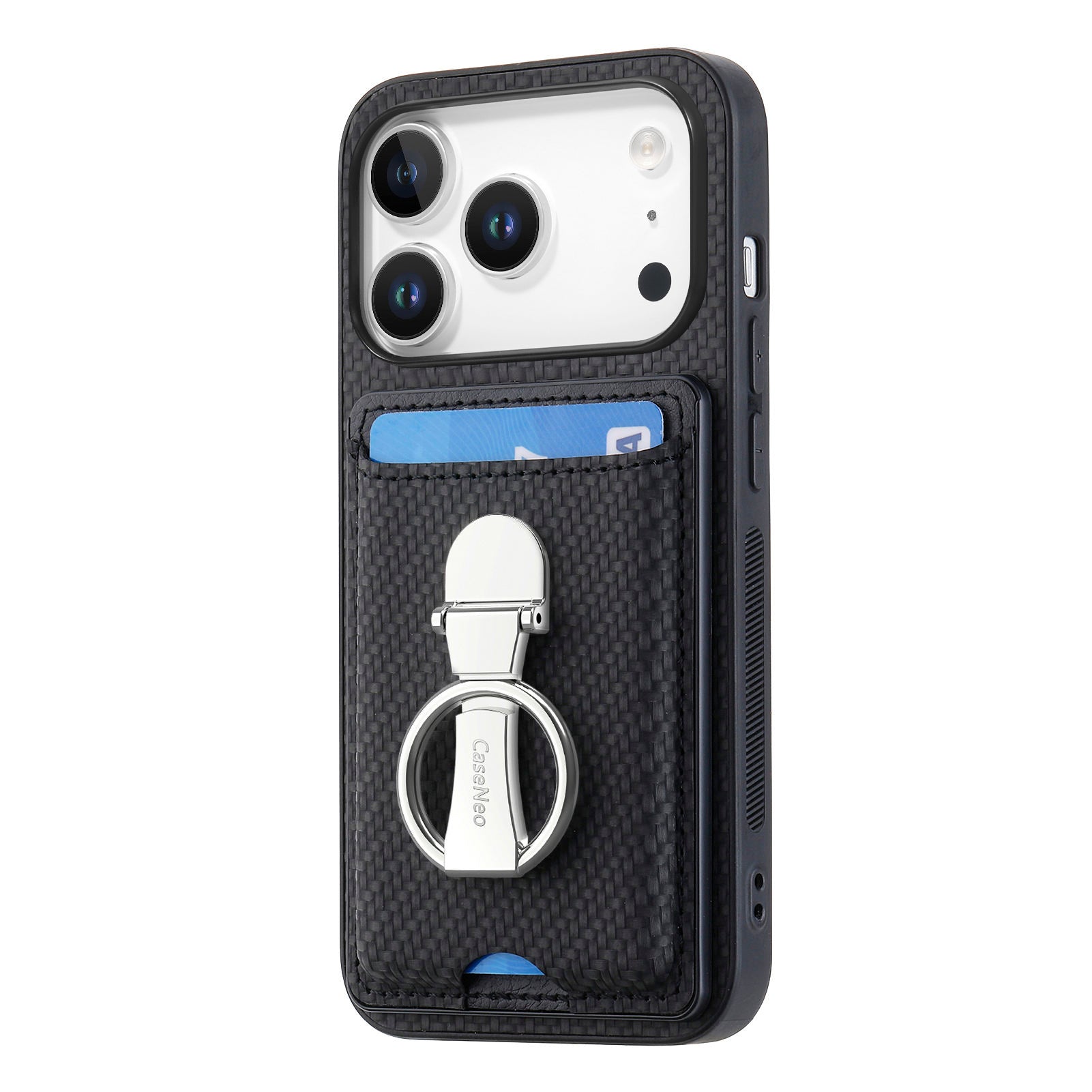 CASENEO til iPhone 18 Pro / 17 Pro Læder Telefon Bagcover med Stander og Kortlommer Kulfibertekstur