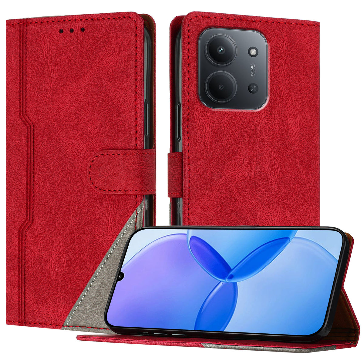 For Xiaomi Redmi 15C 5G (EU) (173mm) / Xiaomi Redmi 15C 4G (EU) (173mm) Leather Case Triangle Patchwork Wallet Stand Shockproof Phone Cover