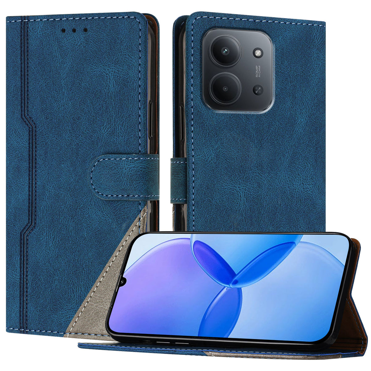 For Xiaomi Redmi 15C 5G (EU) (173mm) / Xiaomi Redmi 15C 4G (EU) (173mm) Leather Case Triangle Patchwork Wallet Stand Shockproof Phone Cover