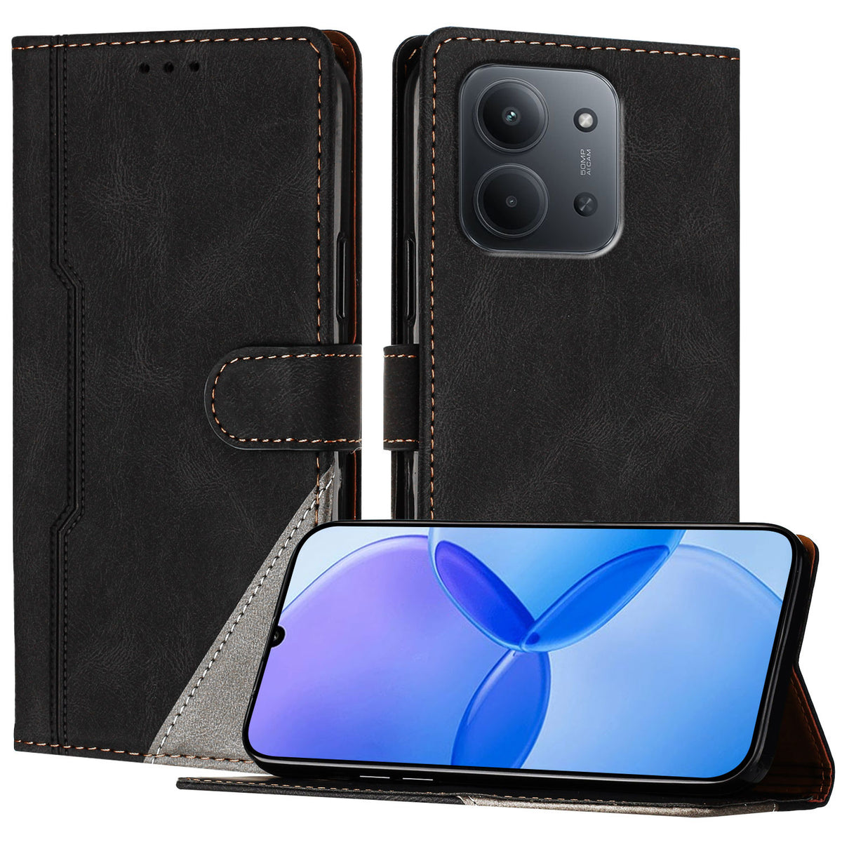 For Xiaomi Redmi 15C 5G (EU) (173mm) / Xiaomi Redmi 15C 4G (EU) (173mm) Leather Case Triangle Patchwork Wallet Stand Shockproof Phone Cover