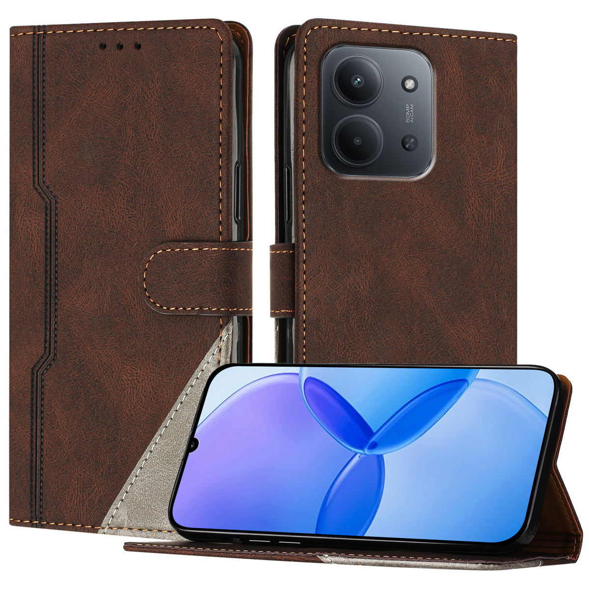 For Xiaomi Redmi 15C 5G (EU) (173mm) / Xiaomi Redmi 15C 4G (EU) (173mm) Leather Case Triangle Patchwork Wallet Stand Shockproof Phone Cover