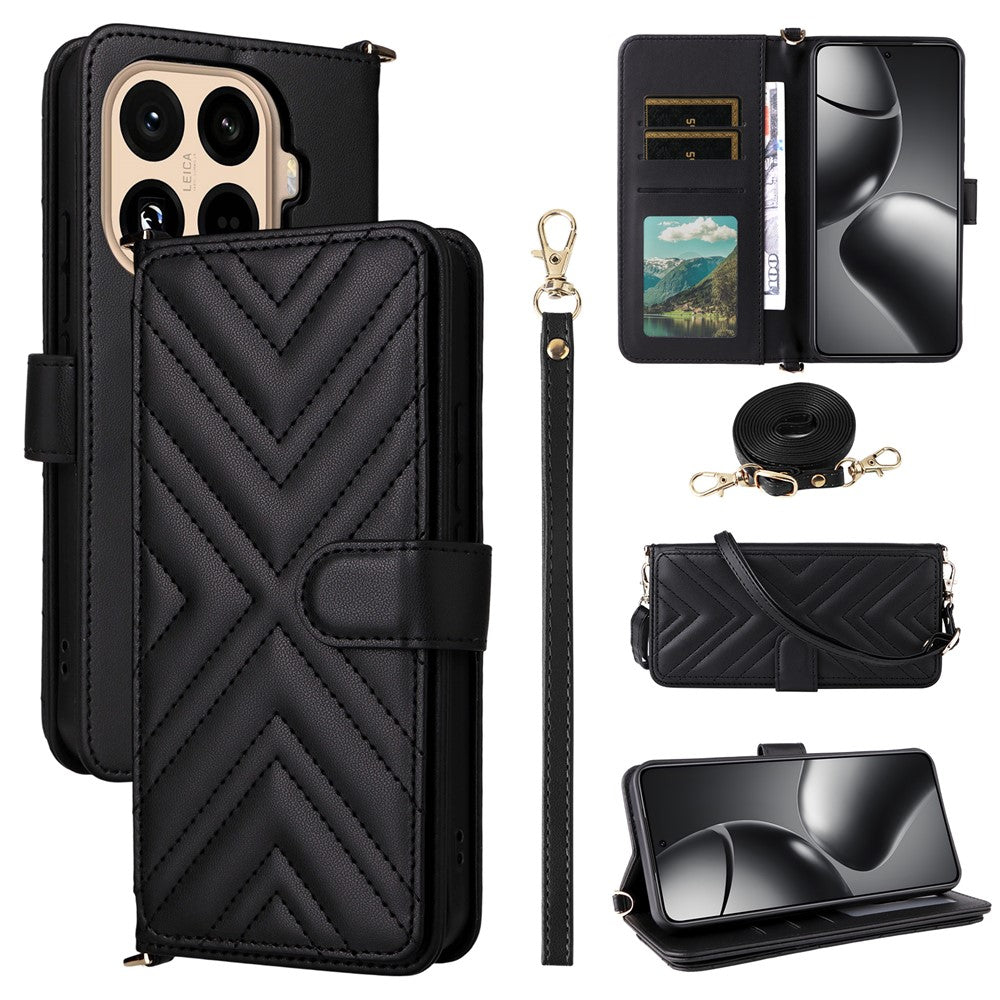 Xiaomi 15T Pro-skal med axel-/handledsrem Lädermobilfodral Stativ Plånbok