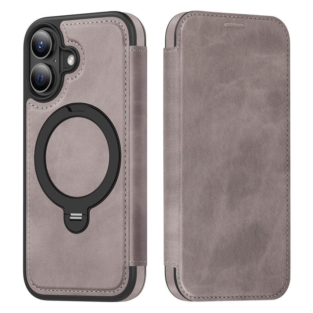 Til iPhone 17 Etui Kompatibel med MagSafe RFID-blokerende læderpungcover med roterende ringstativ