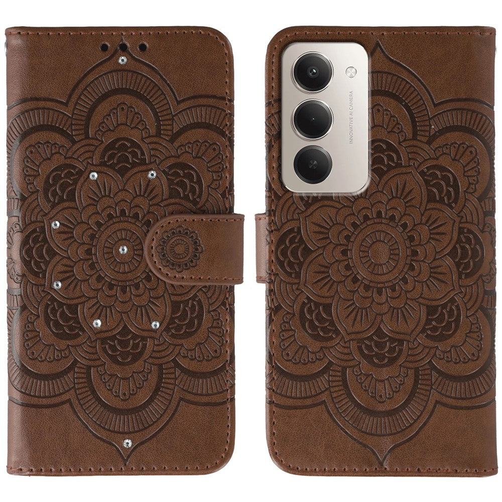 For Xiaomi Redmi 15 4G (EU) (171mm) Case Rhinestone Decor PU Leather Mandala Imprint Phone Cover with Wrist Strap