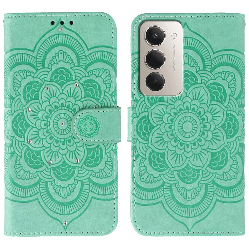 For Xiaomi Redmi 15 4G (EU) (171mm) Case Rhinestone Decor PU Leather Mandala Imprint Phone Cover with Wrist Strap