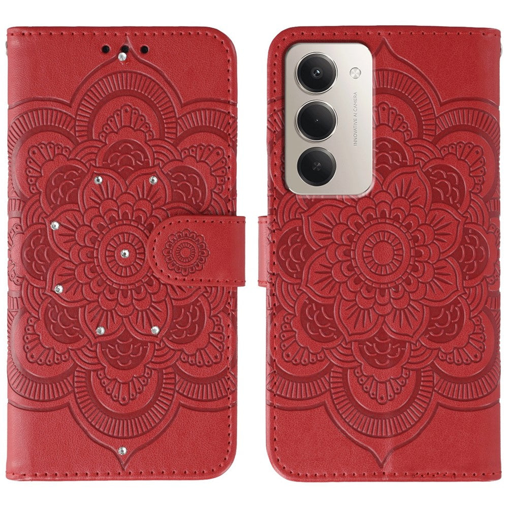 For Xiaomi Redmi 15 4G (EU) (171mm) Case Rhinestone Decor PU Leather Mandala Imprint Phone Cover with Wrist Strap