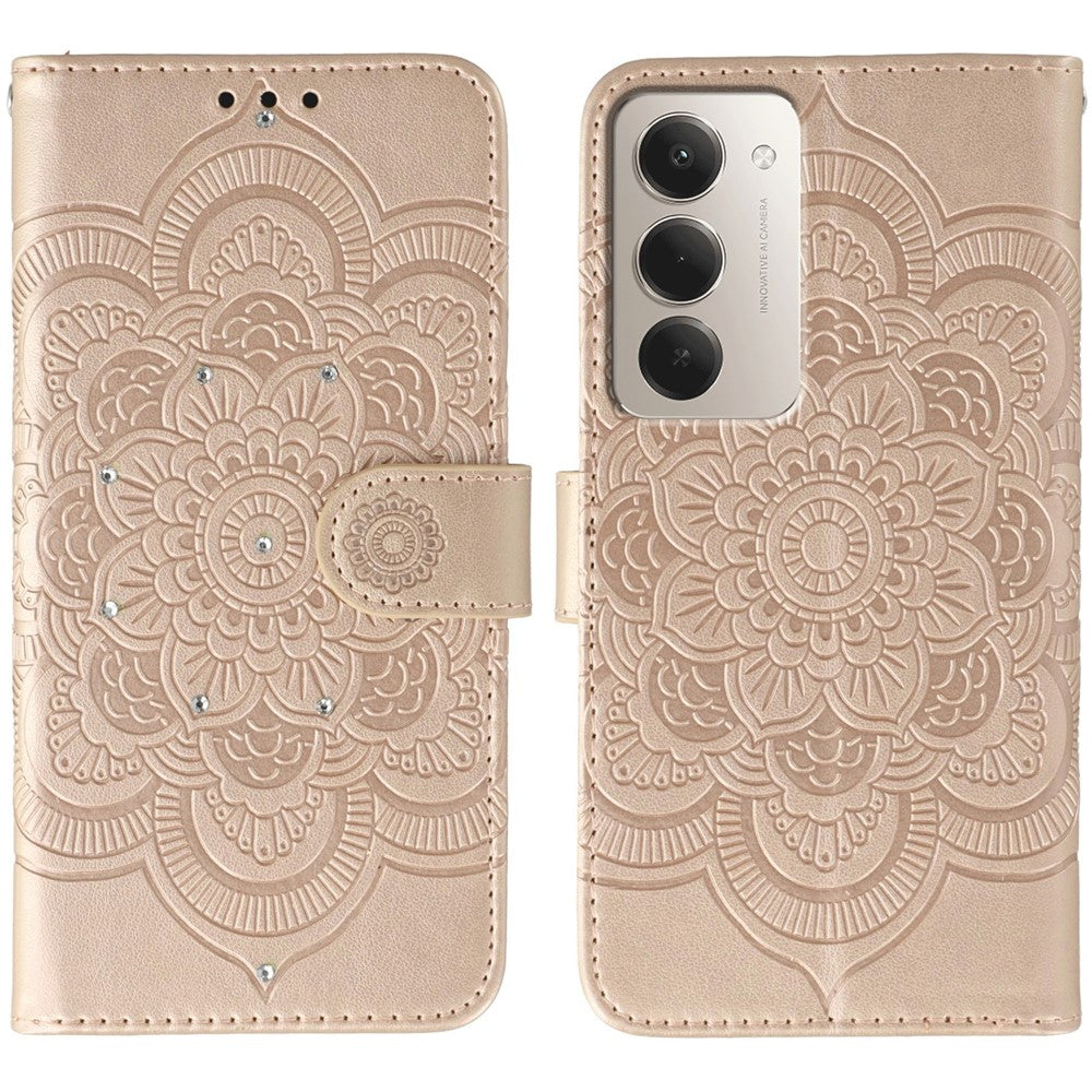 For Xiaomi Redmi 15 4G (EU) (171mm) Case Rhinestone Decor PU Leather Mandala Imprint Phone Cover with Wrist Strap