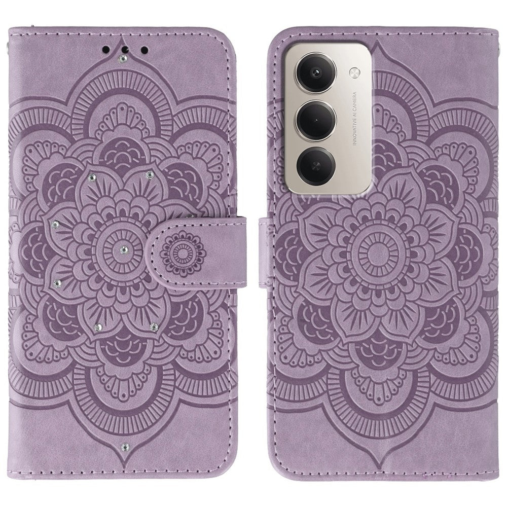 For Xiaomi Redmi 15 4G (EU) (171mm) Case Rhinestone Decor PU Leather Mandala Imprint Phone Cover with Wrist Strap