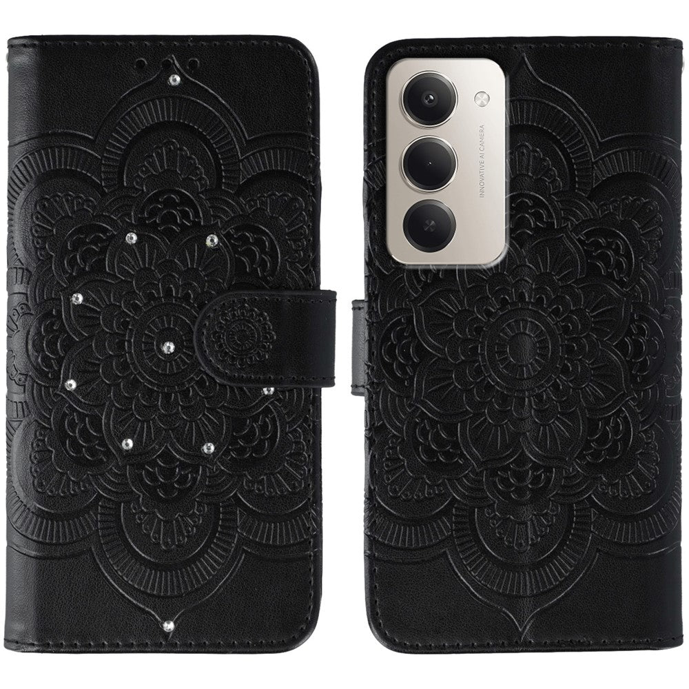 For Xiaomi Redmi 15 4G (EU) (171mm) Case Rhinestone Decor PU Leather Mandala Imprint Phone Cover with Wrist Strap