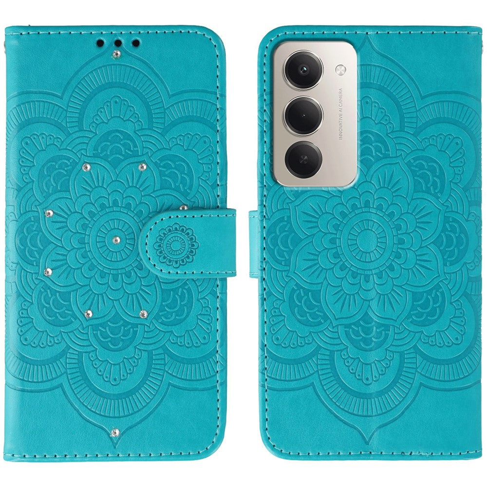 For Xiaomi Redmi 15 4G (EU) (171mm) Case Rhinestone Decor PU Leather Mandala Imprint Phone Cover with Wrist Strap