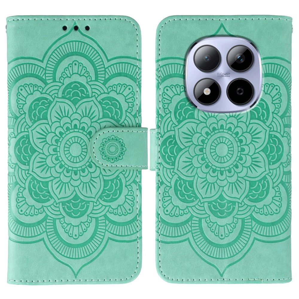 Xiaomi Redmi Note 15 Pro 5G (Global) fodral i PU-läder med mandala-präglad design och plånboksfodral med handledsrem
