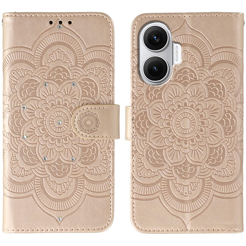 For Xiaomi Redmi Turbo 4 Pro 5G / Poco F7 5G Case Rhinestone Decor PU Leather Mandala Imprint Phone Cover with Wrist Strap
