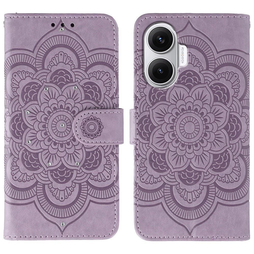 For Xiaomi Redmi Turbo 4 Pro 5G / Poco F7 5G Case Rhinestone Decor PU Leather Mandala Imprint Phone Cover with Wrist Strap