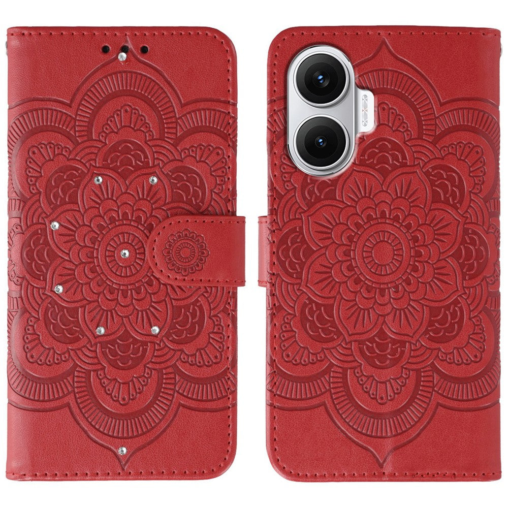For Xiaomi Redmi Turbo 4 Pro 5G / Poco F7 5G Case Rhinestone Decor PU Leather Mandala Imprint Phone Cover with Wrist Strap