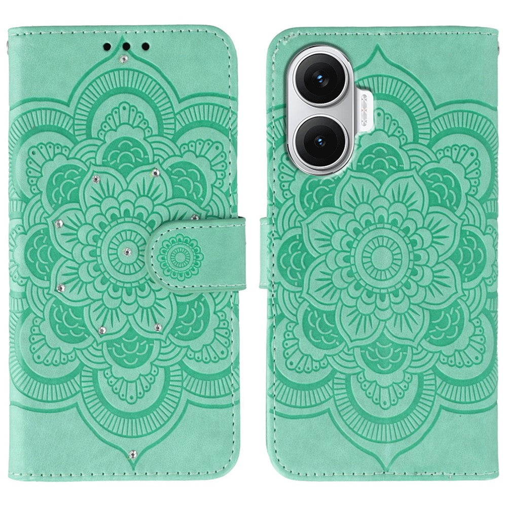 For Xiaomi Redmi Turbo 4 Pro 5G / Poco F7 5G Case Rhinestone Decor PU Leather Mandala Imprint Phone Cover with Wrist Strap