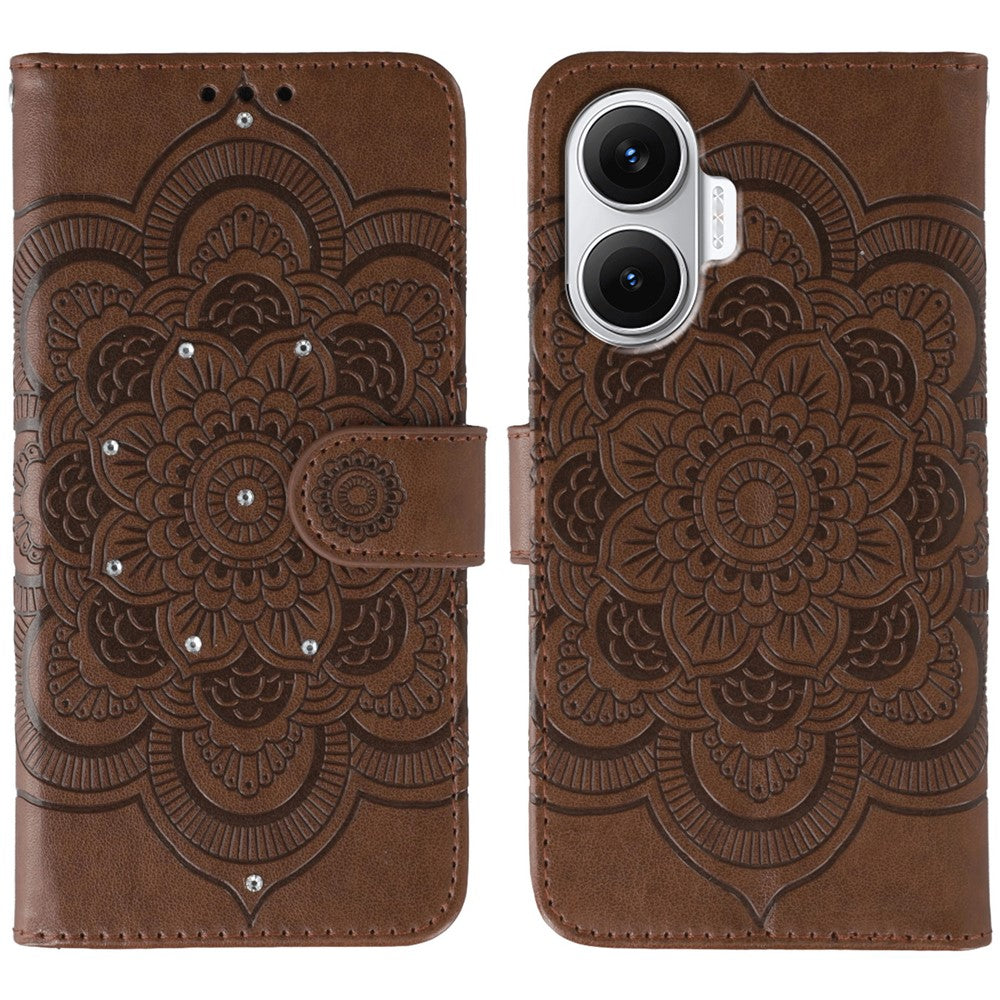 For Xiaomi Redmi Turbo 4 Pro 5G / Poco F7 5G Case Rhinestone Decor PU Leather Mandala Imprint Phone Cover with Wrist Strap