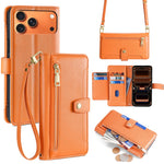For iPhone 18 Pro Max / 17 Pro Max Leather Case Zipper Pocket Wallet Phone Cover with 2 Straps