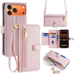 For iPhone 18 Pro Max / 17 Pro Max Leather Case Zipper Pocket Wallet Phone Cover with 2 Straps