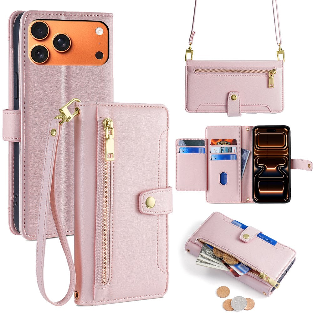 For iPhone 18 Pro Max / 17 Pro Max Leather Case Zipper Pocket Wallet Phone Cover with 2 Straps
