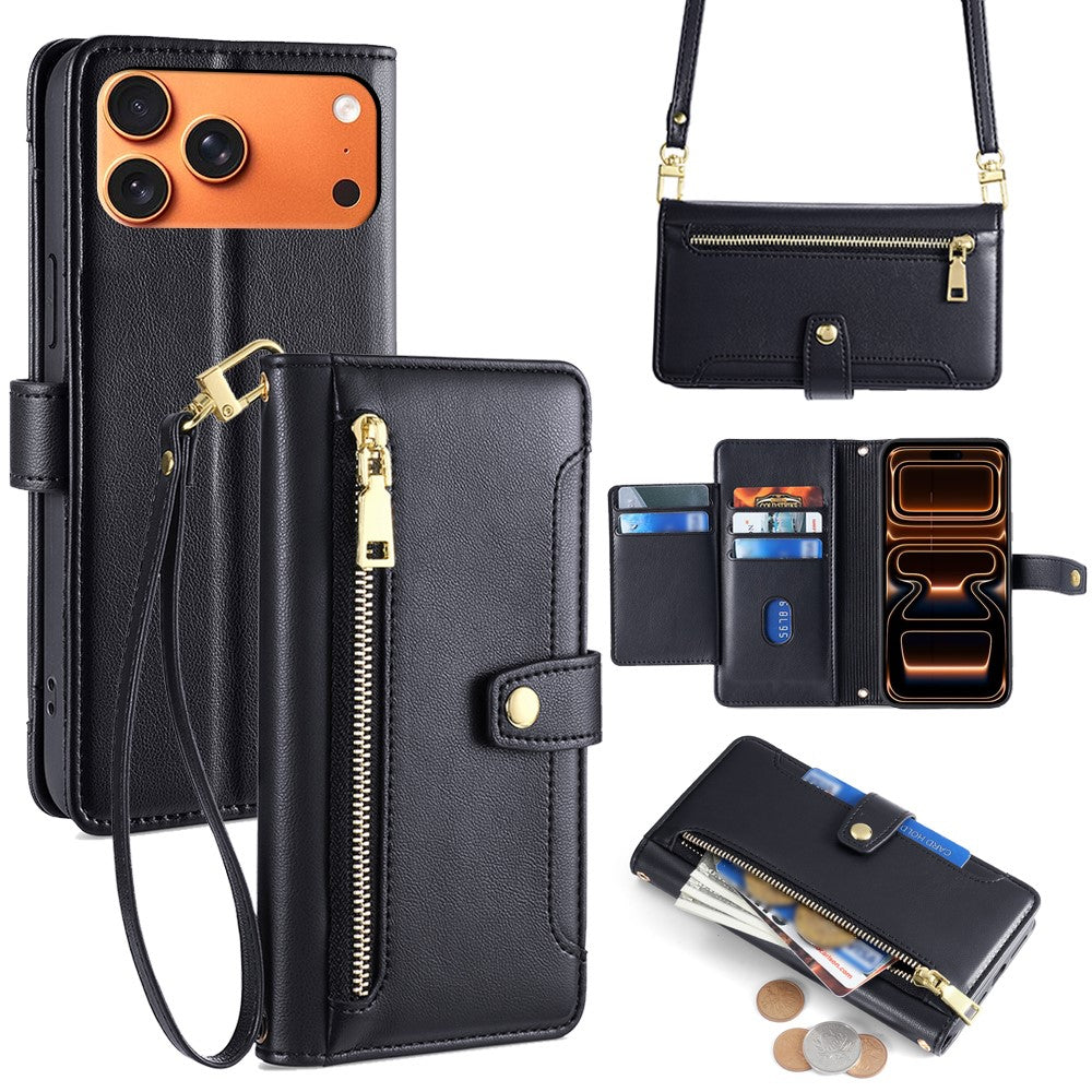 For iPhone 18 Pro Max / 17 Pro Max Leather Case Zipper Pocket Wallet Phone Cover with 2 Straps