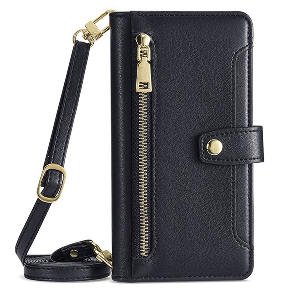 For iPhone 18 Pro Max / 17 Pro Max Leather Case Zipper Pocket Wallet Phone Cover with 2 Straps