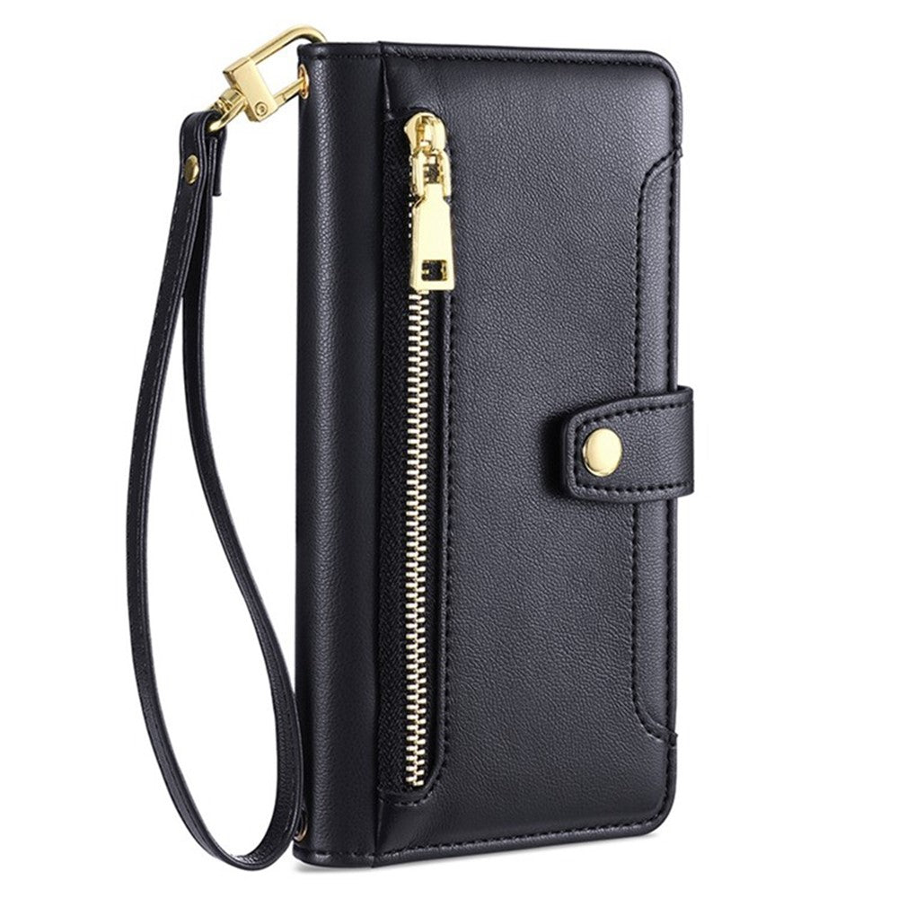 For iPhone 18 Pro Max / 17 Pro Max Leather Case Zipper Pocket Wallet Phone Cover with 2 Straps