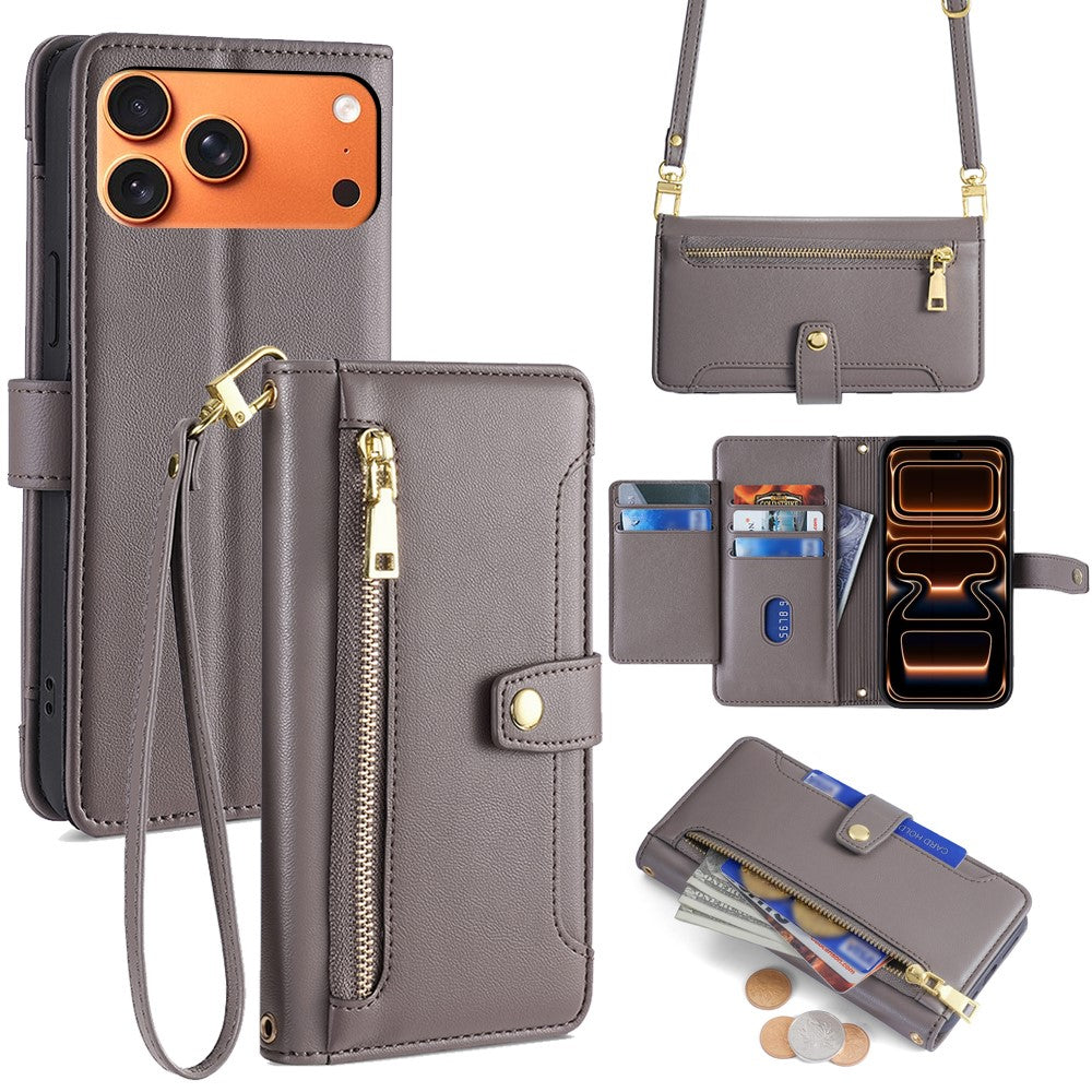 For iPhone 18 Pro Max / 17 Pro Max Leather Case Zipper Pocket Wallet Phone Cover with 2 Straps