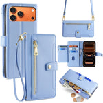 For iPhone 18 Pro Max / 17 Pro Max Leather Case Zipper Pocket Wallet Phone Cover with 2 Straps