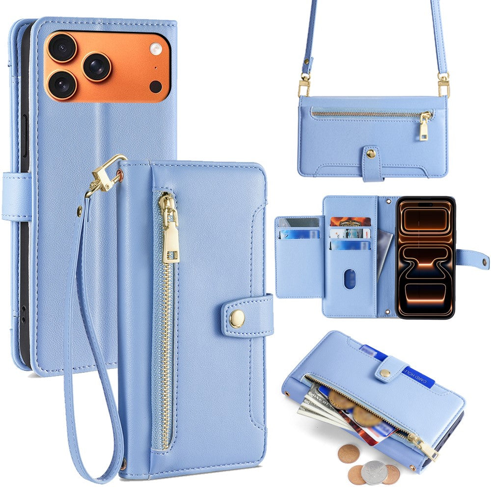 For iPhone 18 Pro Max / 17 Pro Max Leather Case Zipper Pocket Wallet Phone Cover with 2 Straps