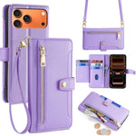 For iPhone 18 Pro Max / 17 Pro Max Leather Case Zipper Pocket Wallet Phone Cover with 2 Straps