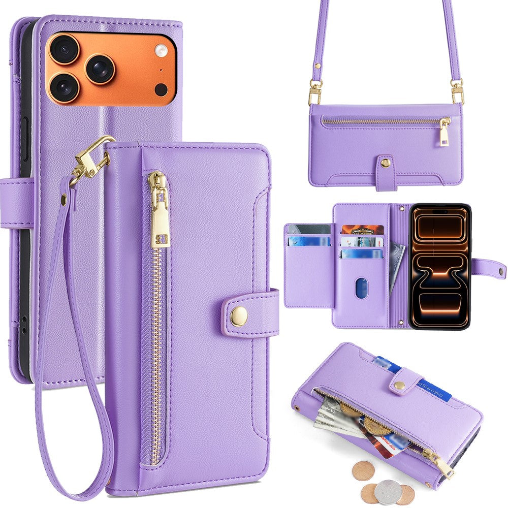 For iPhone 18 Pro Max / 17 Pro Max Leather Case Zipper Pocket Wallet Phone Cover with 2 Straps