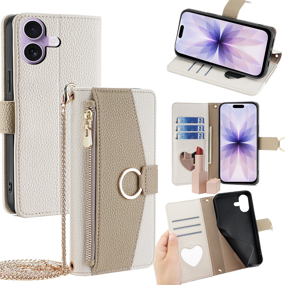 For iPhone 17 Case Mirror Wallet Leather Phone Cover with Chain Shoulder Strap