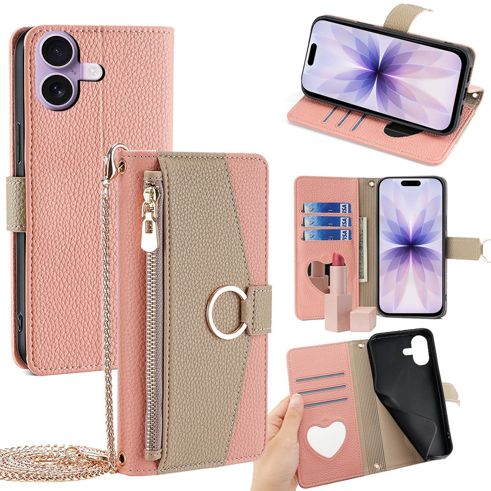 For iPhone 17 Case Mirror Wallet Leather Phone Cover with Chain Shoulder Strap