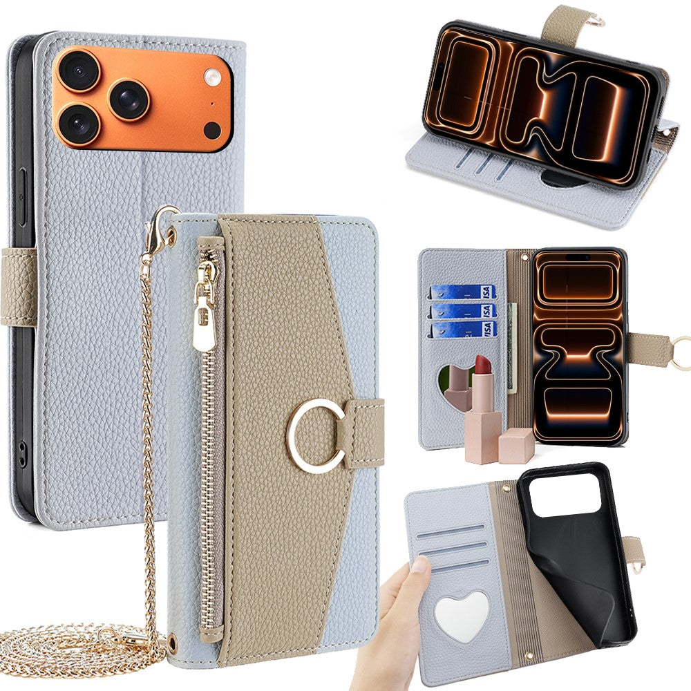 For iPhone 17 Pro Max Case Mirror Wallet Leather Phone Cover with Chain Shoulder Strap