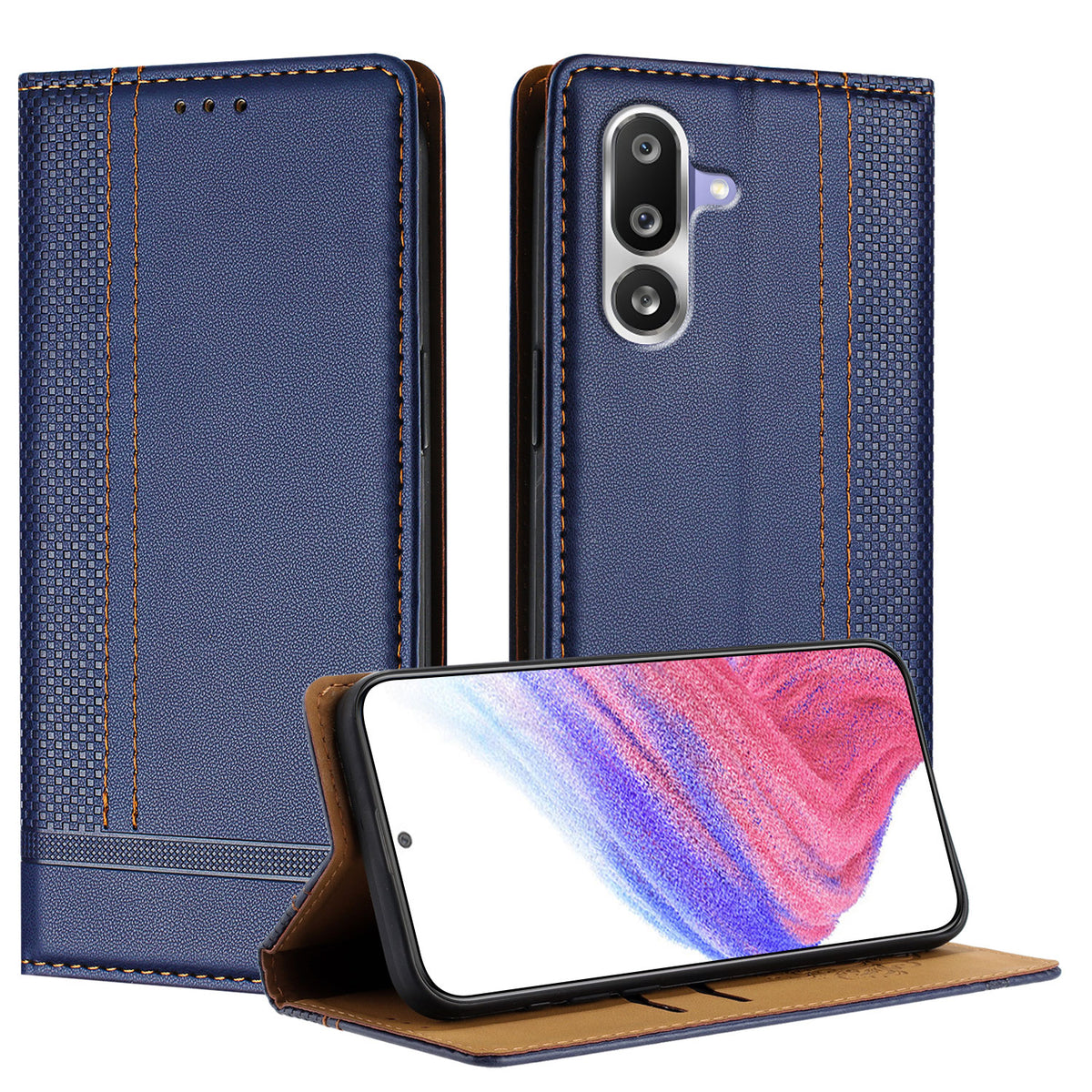 For Samsung Galaxy M36 5G Case L-Shaped Grid Pattern Leather Stand Phone Cover with Card Slots