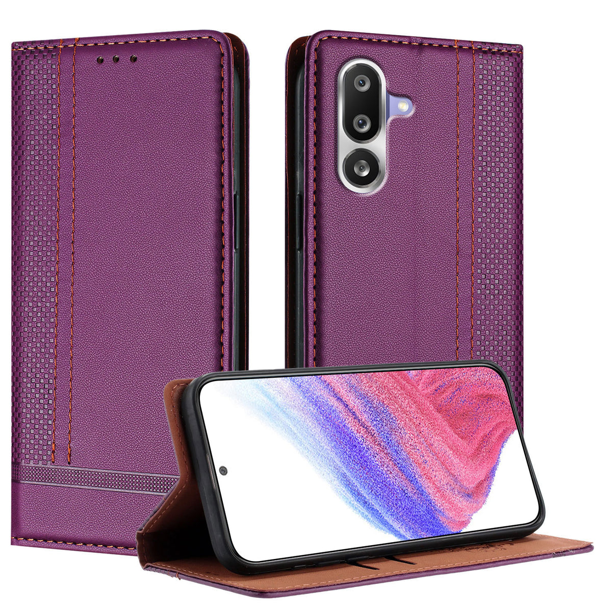For Samsung Galaxy M36 5G Case L-Shaped Grid Pattern Leather Stand Phone Cover with Card Slots
