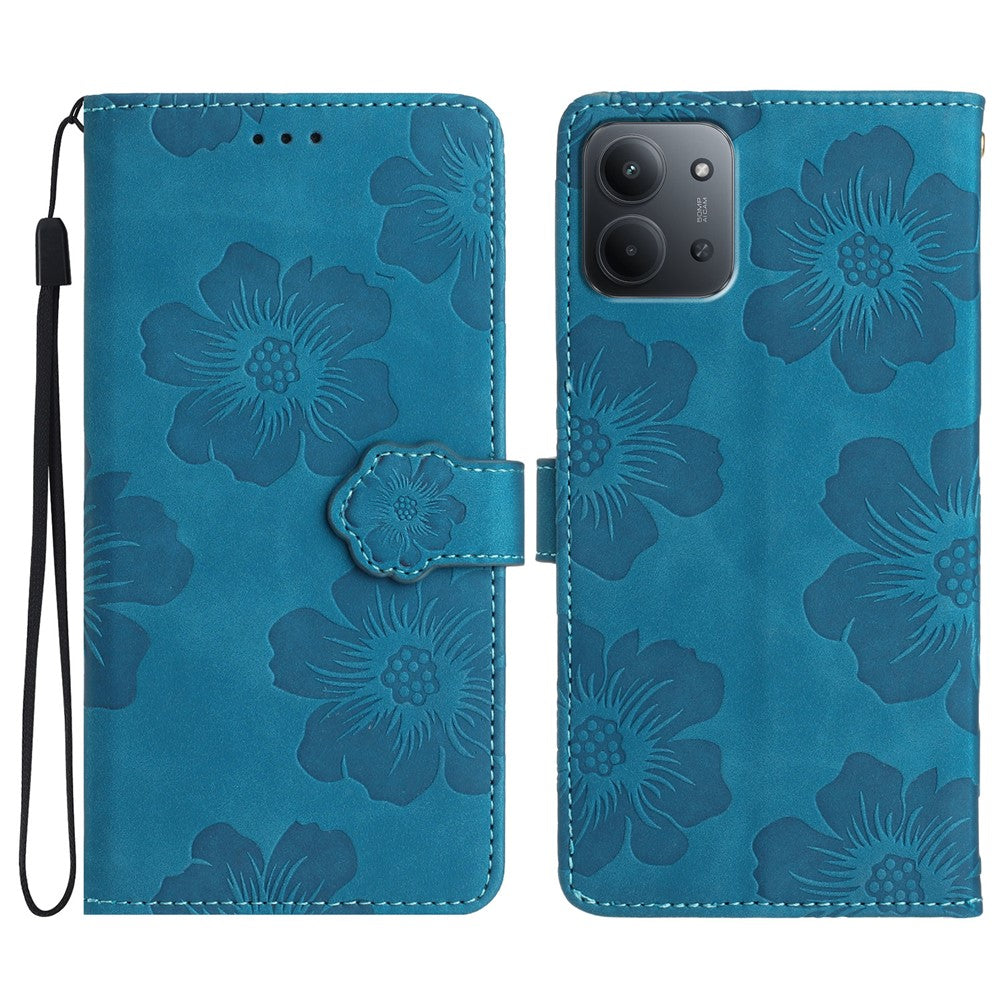 Telefoncover til Xiaomi Redmi 15C 5G (EU) (173mm) / 4G (EU) (173mm) / Poco C85 4G (173mm), læderetui med blomstermønster, tegnebogscover med håndledsrem
