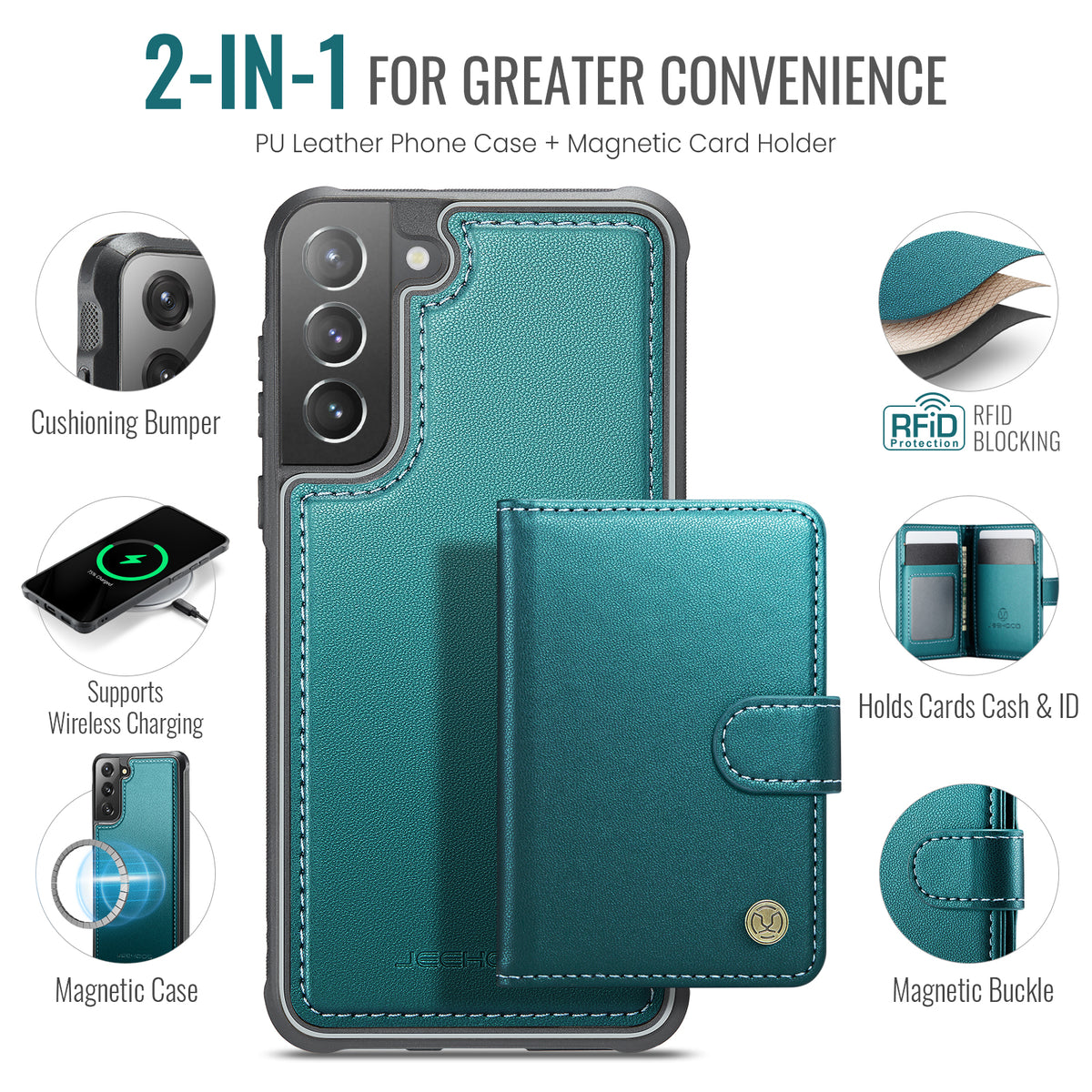 JEEHOOD For Samsung Galaxy S22 5G Case  J09 RFID Blocking Card Holder Leather Back Phone Cover Magnetic Case