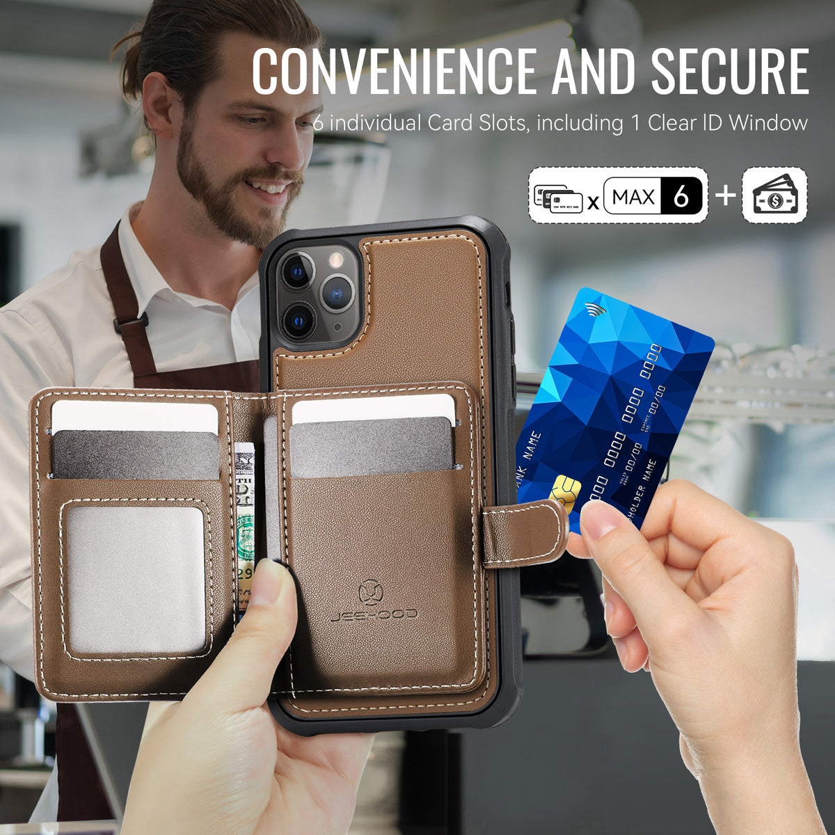 JEEHOOD For iPhone 11 Pro Max Case  J09 RFID Blocking Card Holder Leather Back Phone Cover Compatible with MagSafe